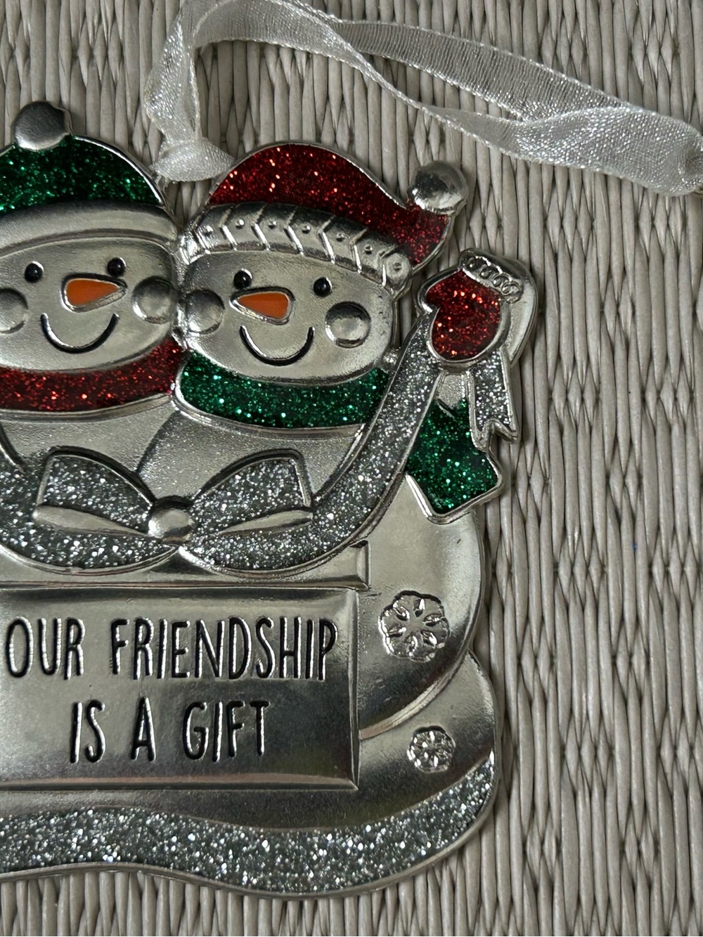 Holiday Snowman Friendship Ornament - Silver with Red & Green Glitter - Picture 4 of 4
